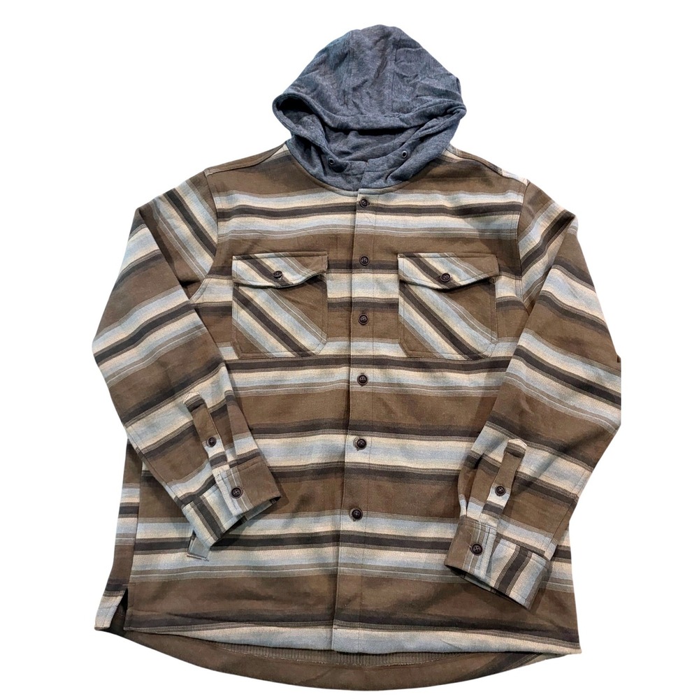 Quiksilver Hooded Flannel Shirt Jacket Men's XL Brown‎ Striped Hooded Button Up